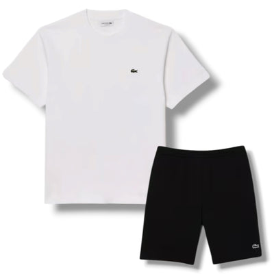 LACOSTE SMALL LOGO T-SHIRT & JERSEY SHORTS SET WHITE & BLACK