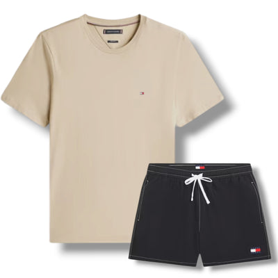 TOMMY HILFIGER SMALL LOGO T-SHIRT & SWIM SHORTS SET BEIGE & BLACK