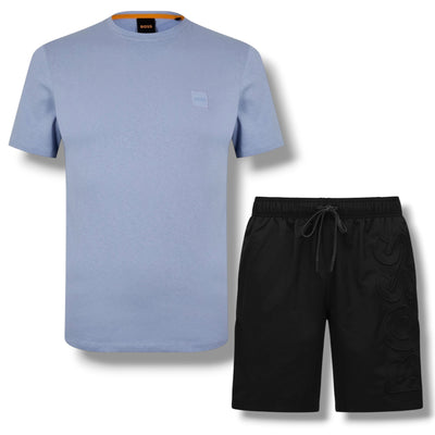 HUGO BOSS PATCH T-SHIRT & VERTI LOGO SWIM SHORTS SET MID BLUE & BLACK
