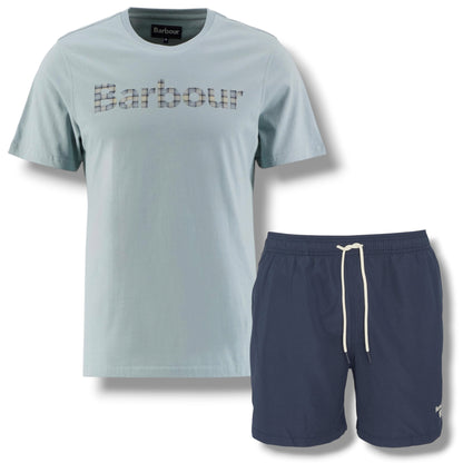 BARBOUR CHECK TEXT LOGO T-SHIRT &  SWIM SHORTS LIGHT BLUE & NAVY BLUE