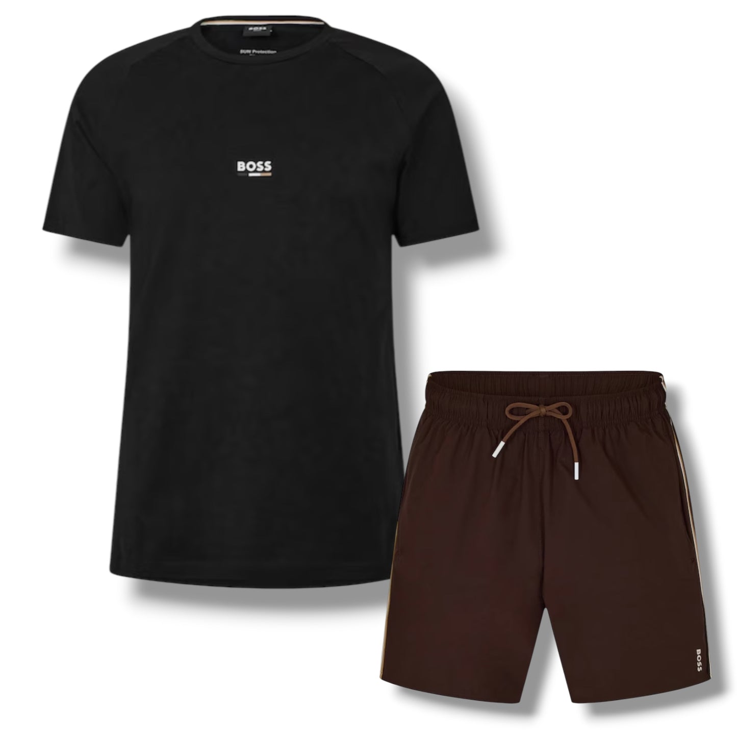 HUGO BOSS ICONIC T-SHIRT & SWIM SHORTS SET BLACK & BROWN