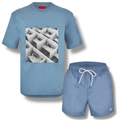 HUGO DESK LOGO T-SHIRT & SMALL LOGO SWIM SHORTS SET LIGHT BLUE