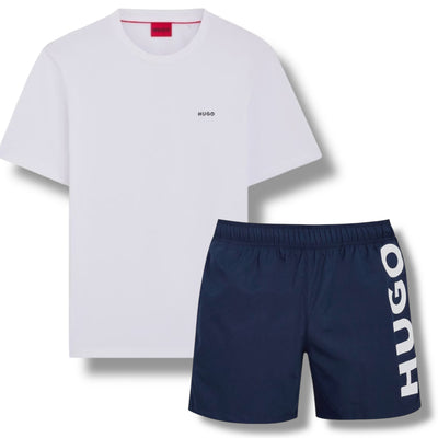 HUGO SMALL LOGO T-SHIRT & VERTI SWIM SHORTS SET WHITE & NAVY BLUE