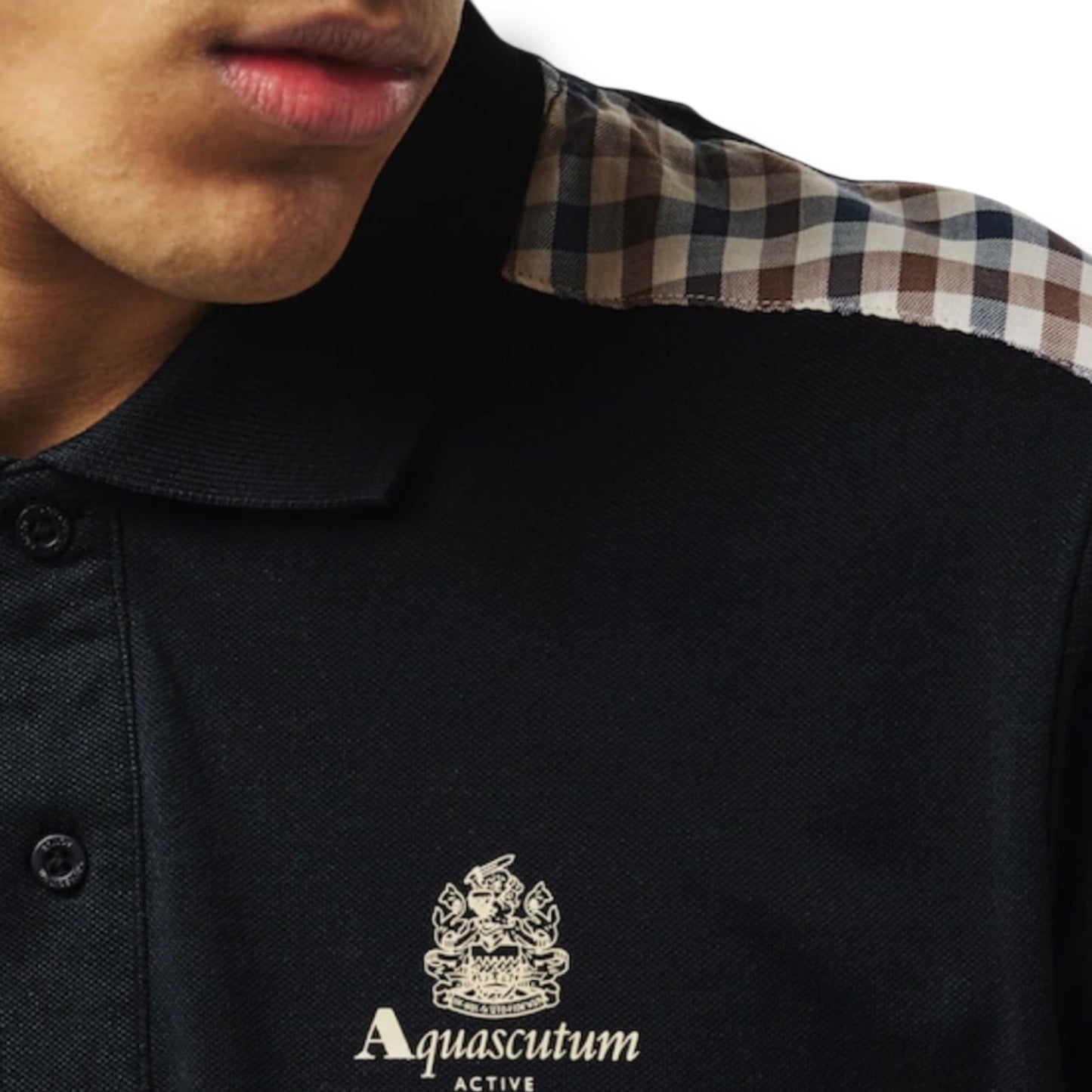 AQUASCUTUM CHECK SHOULDER POLO SHIRT BLACK