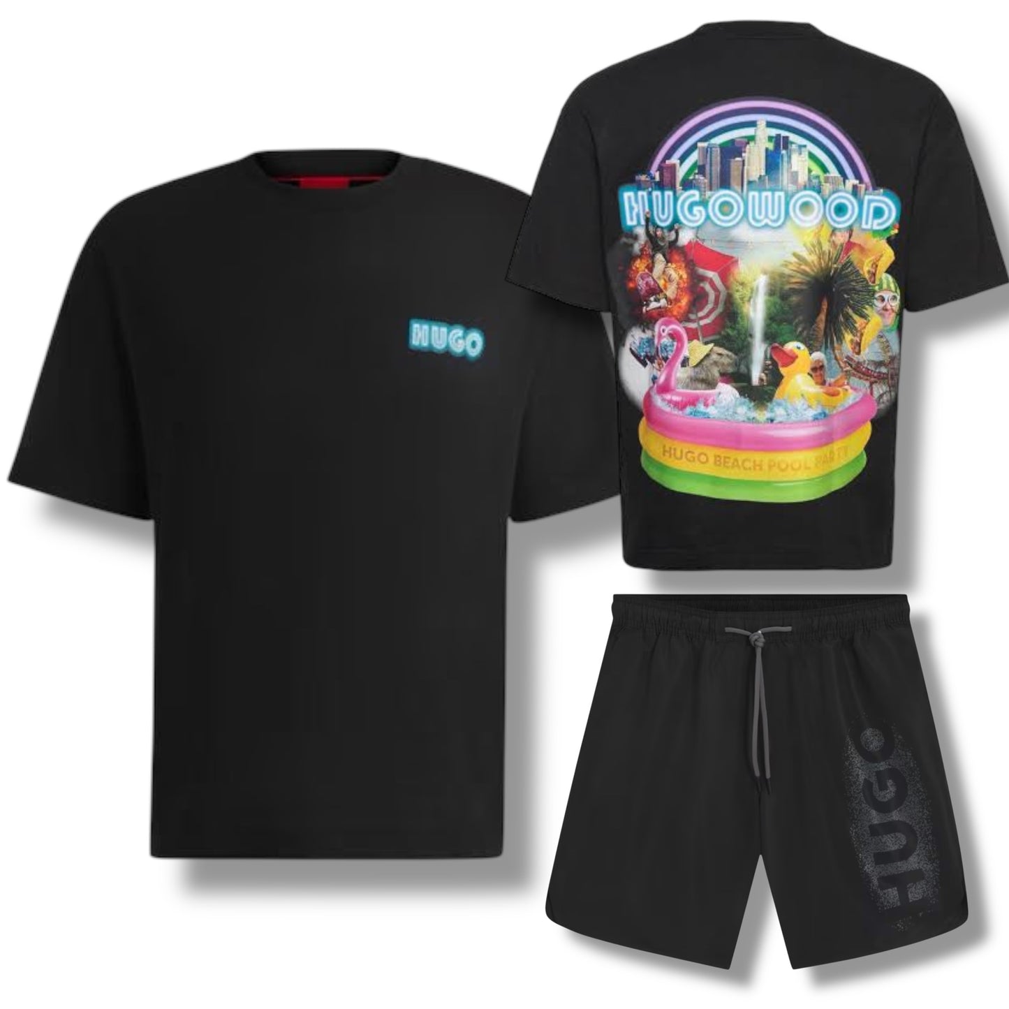 HUGO HUGOWOOD T-SHIRT & VERTI SPRAY LOGO SWIM SHORTS SET BLACK