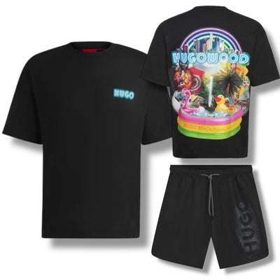 HUGO HUGOWOOD T-SHIRT & VERTI SPRAY LOGO SWIM SHORTS SET BLACK
