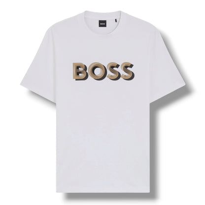 HUGO BOSS TRI LOGO T-SHIRT & GEO SWIM SHORTS WHITE & BROWN