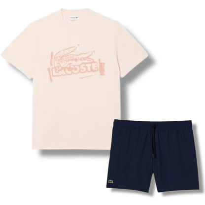 LACOSTE LARGE LOGO T-SHIRT & SWIM SHORTS SET ORANGE & NAVY
