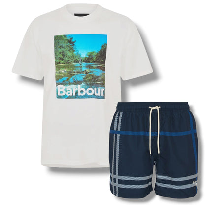 BARBOUR LAKE LOGO T-SHIRT & CHECK SWIM SHORTS SET WHITE & NAVY BLUE