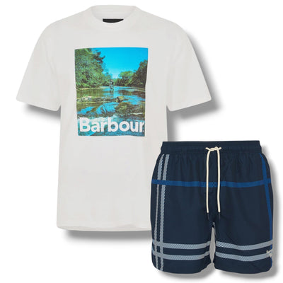 BARBOUR LAKE LOGO T-SHIRT & CHECK SWIM SHORTS SET WHITE & NAVY BLUE