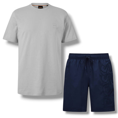 HUGO BOSS PATCH T-SHIRT & VERTI LOGO SWIM SHORTS LIGHT GREY & NAVY BLUE