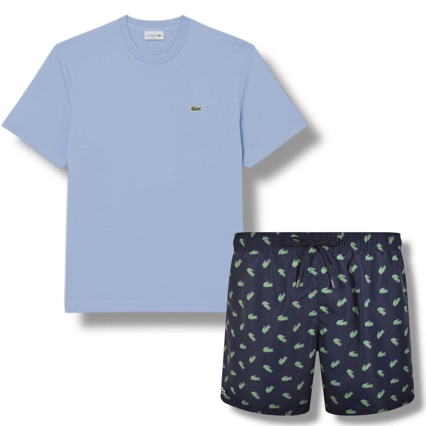 LACOSTE SMALL LOGO T-SHIRT & ALL OVER LOGO SWIM SHORTS SET LIGHT BLUE & NAVY BLUE