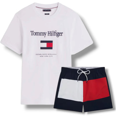 TOMMY HILFIGER BIG FLAG T-SHIRT & SWIM SHORTS SET WHITE & NAVY BLUE