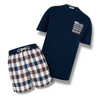 AQUASCUTUM PATCH POCKET T-SHIRT & SWIM SHORTS SET BIG CHECK NAVY