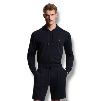 EMPORIO ARMANI ZIP UP TRIM HOODIE & SHORTS SET NAVY BLUE