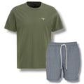 BARBOUR SMALL LOGO T-SHIRT & SHELL SWIM SHORTS OLIVE GREEN & NAVY BLUE