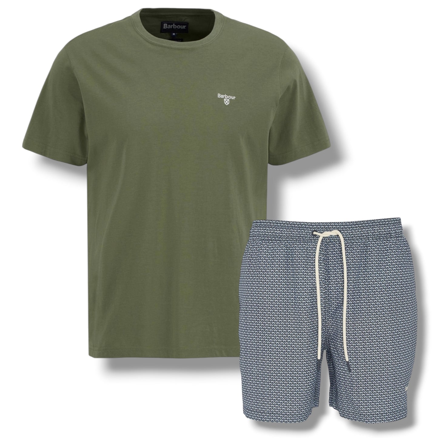 BARBOUR SMALL LOGO T-SHIRT & SHELL SWIM SHORTS OLIVE GREEN & NAVY BLUE