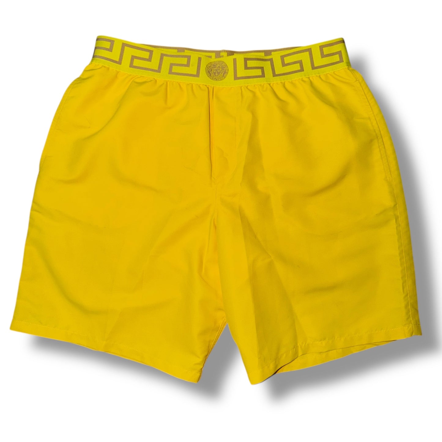 VERSACE GRECA WAISTBAND MEDUSA SWIM BOARD SHORTS YELLOW