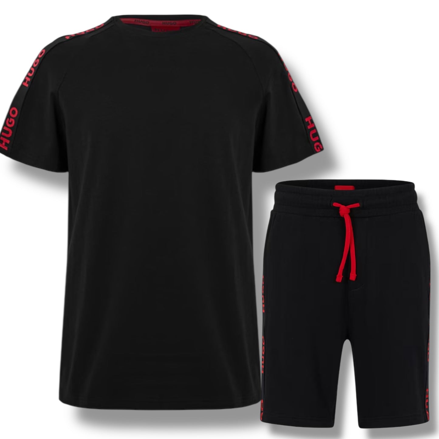 HUGO TAPE JERSEY T-SHIRT & SHORTS SET BLACK - RED