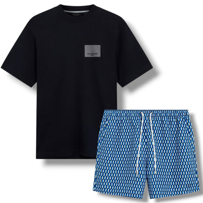 TED BAKER T-SHIRT & SWIM SHORTS SET BLACK & BLUE GEO