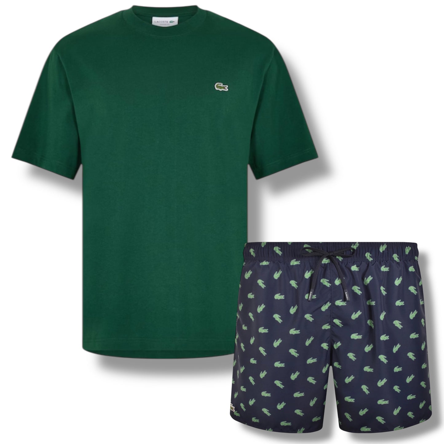 LACOSTE SMALL LOGO T-SHIRT & ALL OVER LOGO SWIM SHORTS SET GREEN & NAVY BLUE