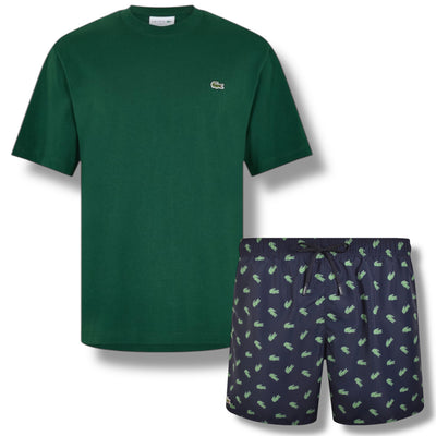 LACOSTE SMALL LOGO T-SHIRT & ALL OVER LOGO SWIM SHORTS SET GREEN & NAVY BLUE