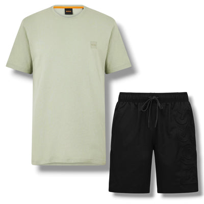 HUGO BOSS PATCH T-SHIRT & VERTI LOGO SWIM SHORTS SET LIGHT GREEN & BLACK