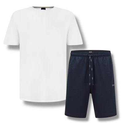 HUGO BOSS MIX JERSEY T-SHIRT & SHORTS SET WHITE & NAVY BLUE