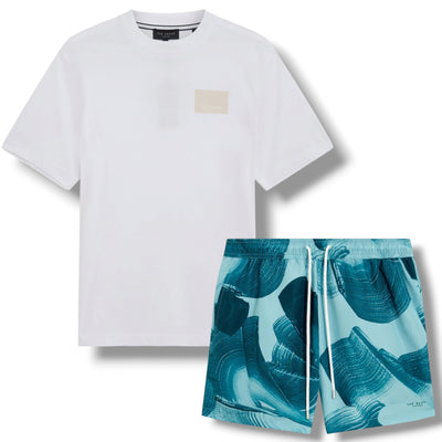 TED BAKER T-SHIRT & SWIM SHORTS SET WHITE & SWIRL BLUE