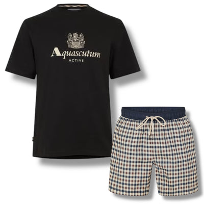 AQUASCUTUM BIG LOGO T-SHIRT & CHECK SWIM SHORTS SET BLACK - BEIGE