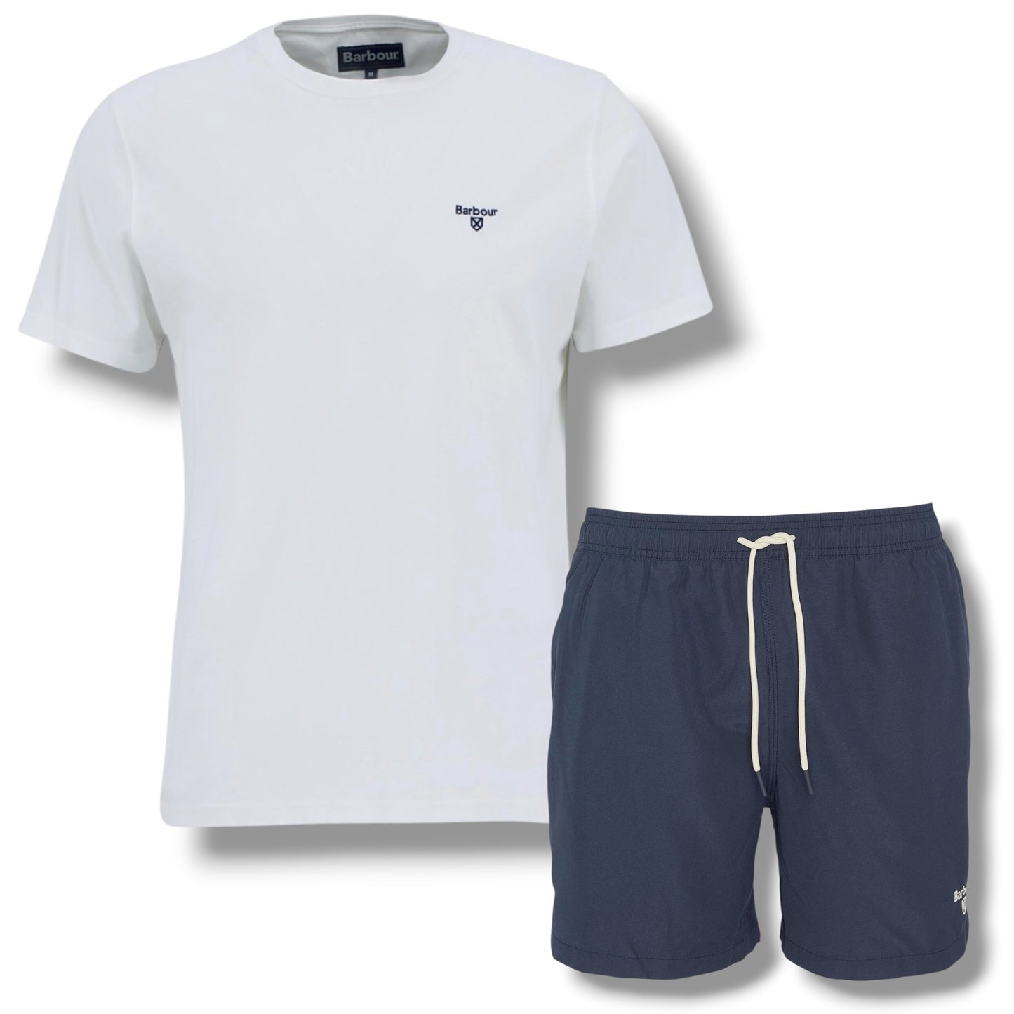 BARBOUR SMALL LOGO T-SHIRT &  SWIM SHORTS WHITE & NAVY BLUE