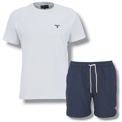 BARBOUR SMALL LOGO T-SHIRT &  SWIM SHORTS WHITE & NAVY BLUE