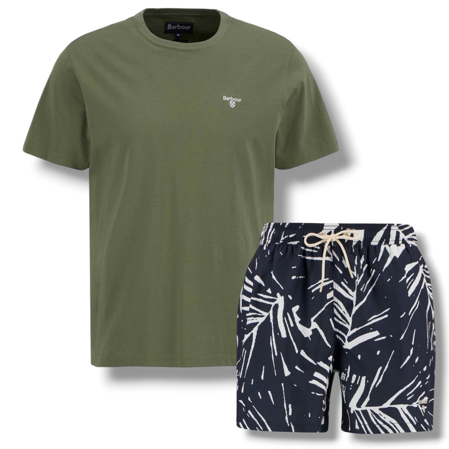 BARBOUR SMALL LOGO T-SHIRT & FLORAL SWIM SHORTS SET OLIVE GREEN  & NAVY BLUE