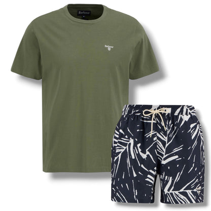 BARBOUR SMALL LOGO T-SHIRT & FLORAL SWIM SHORTS SET OLIVE GREEN  & NAVY BLUE