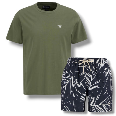 BARBOUR SMALL LOGO T-SHIRT & FLORAL SWIM SHORTS SET OLIVE GREEN  & NAVY BLUE