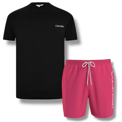 CALVIN KLEIN T-SHIRT & SWIM SHORTS SET BLACK & PINK