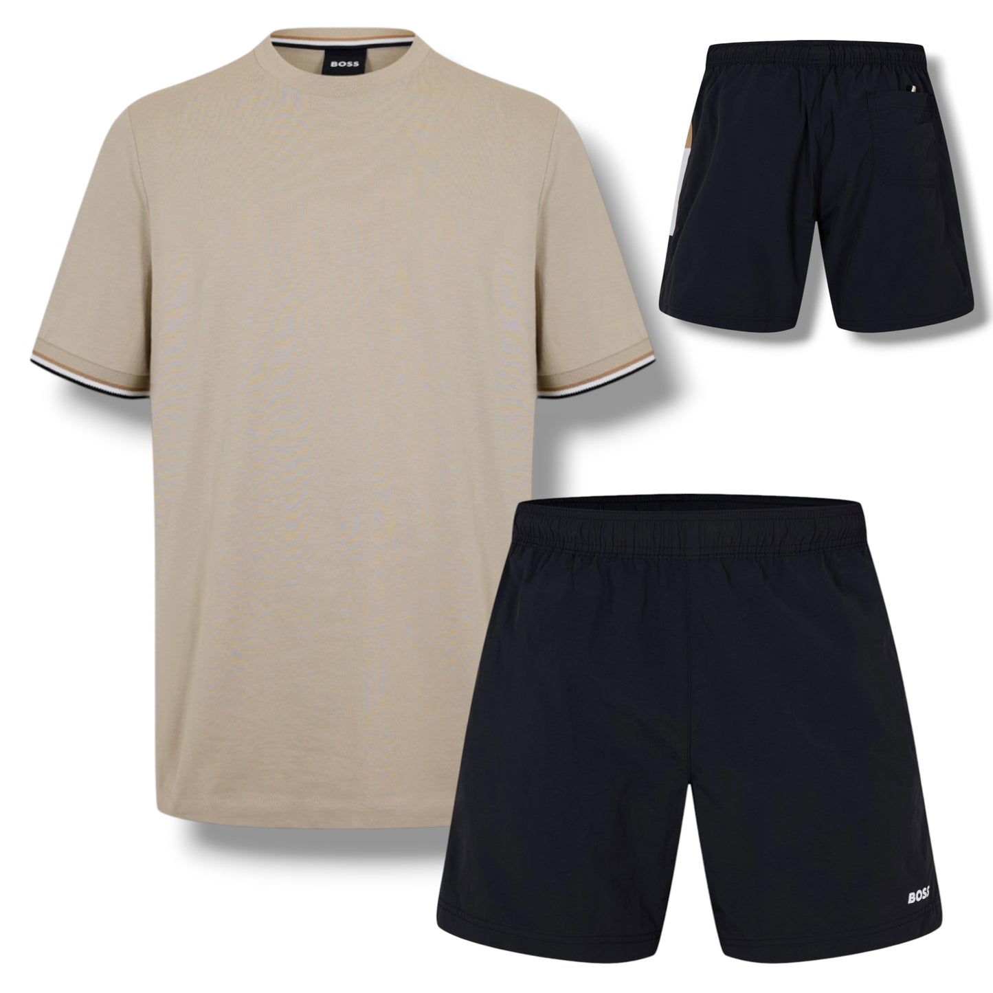 HUGO BOSS SLEEVE TRI TRIM T-SHIRT & SIDE TRIM SWIM SHORTS SET BEIGE & BLACK