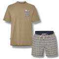 AQUASCUTUM  PATCH POCKET T-SHIRT & CHECK SWIM SHORTS SET KHAKI GREEN - BEIGE