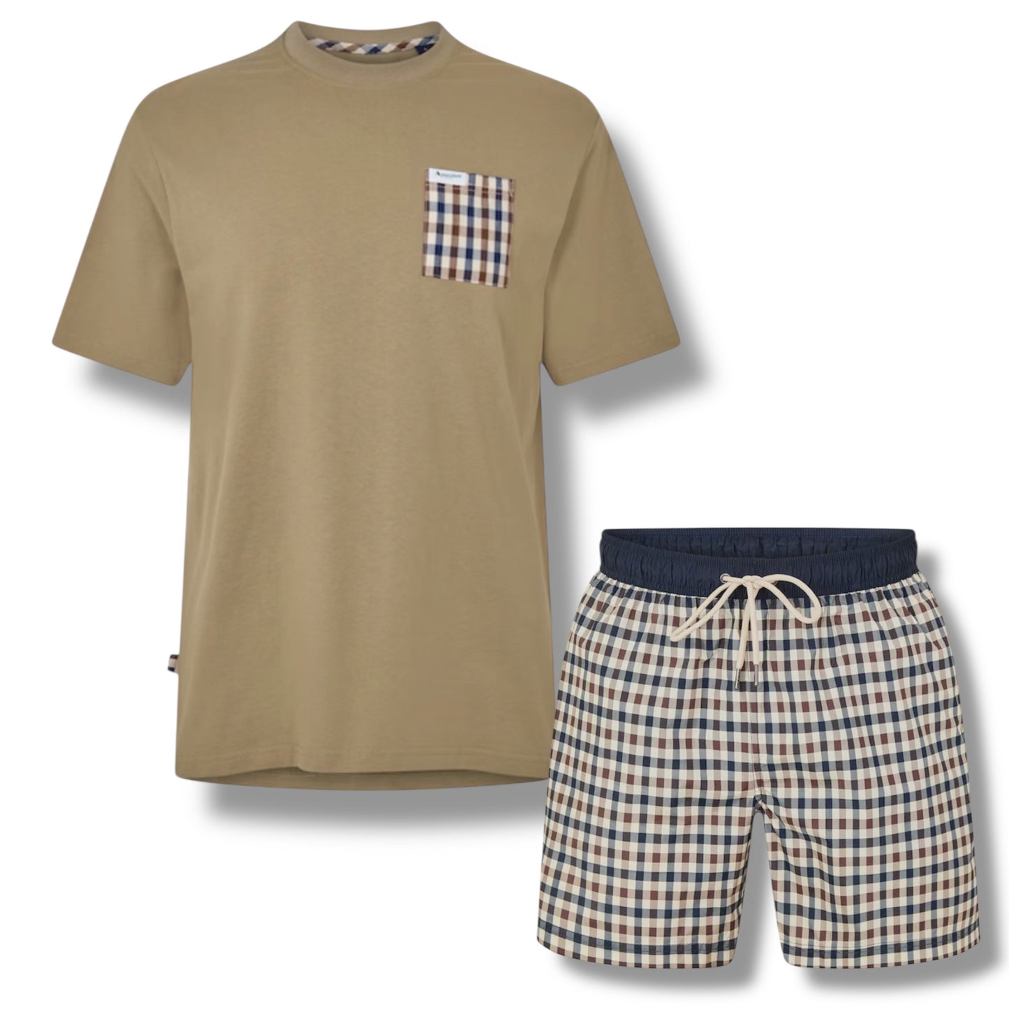 AQUASCUTUM  PATCH POCKET T-SHIRT & CHECK SWIM SHORTS SET KHAKI GREEN - BEIGE