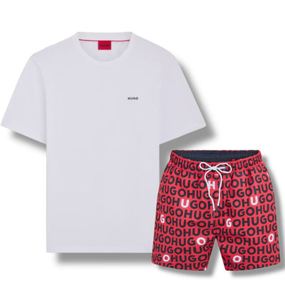 HUGO SMALL LOGO T-SHIRT & ALL OVER SWIM SHORTS SET WHITE & RED
