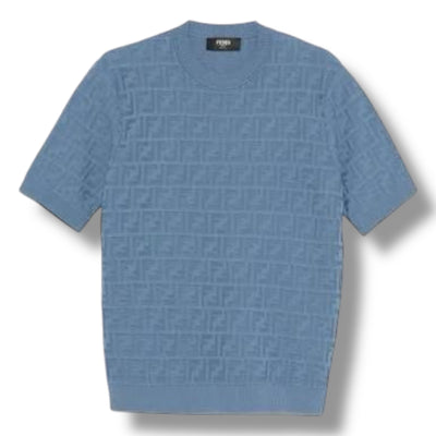 FENDI THIN KNIT FF ALL OVER LOGO T-SHIRT LIGHT BLUE