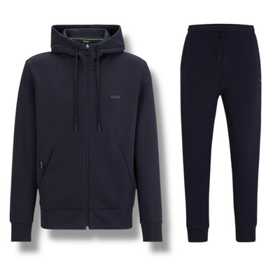 HUGO BOSS CURVED LOGO FULL ZIP HOODED TRACKSUIT NAVY BLUE