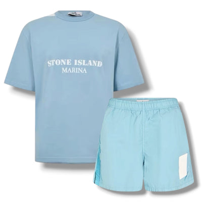 STONE ISLAND MARINA T-SHIRT & SWIM SHORTS SET DUST BLUE