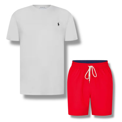 RALPH LAUREN T-SHIRT & SWIM SHORTS SET WHITE & RED