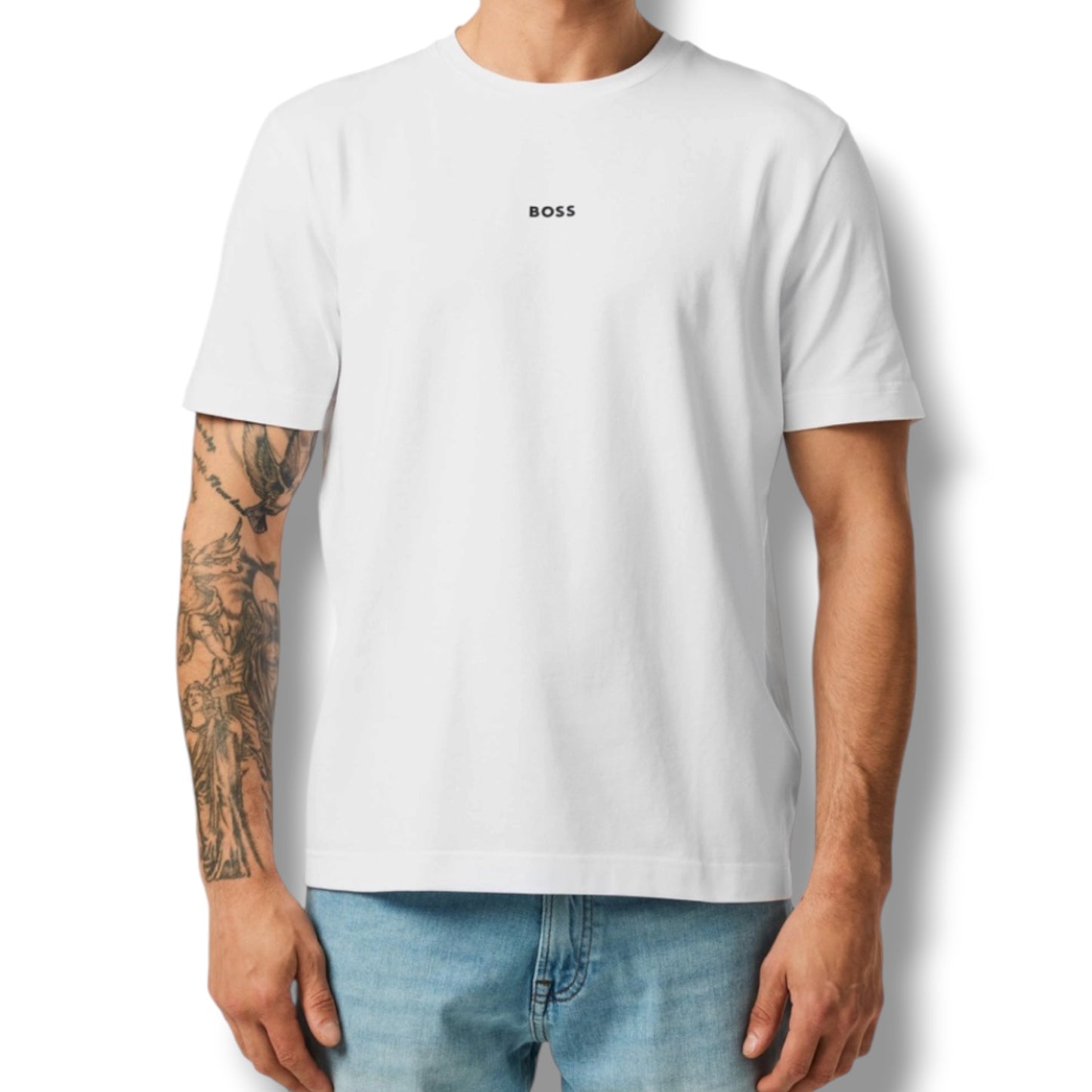 HUGO BOSS CENTRE LOGO T-SHIRT & FLORAL SWIM SHORTS SET WHITE & KHAKI GREN