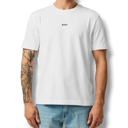 HUGO BOSS CENTRE LOGO T-SHIRT & FLORAL SWIM SHORTS SET WHITE & KHAKI GREN