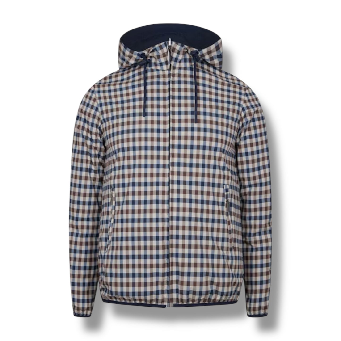 AQUASCUTUM HOODED RAIN JACKET REVERSIBLE NAVY BLUE - CHECK
