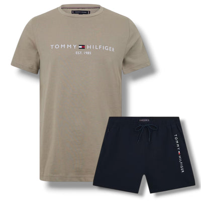TOMMY HILFIGER LOGO T-SHIRT & SWIM SHORTS SET STONE & NAVY BLUE