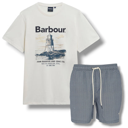 BARBOUR LIGHTHOUSE LOGO T-SHIRT & SHELL SWIM SHORTS WHITE & NAVY BLUE
