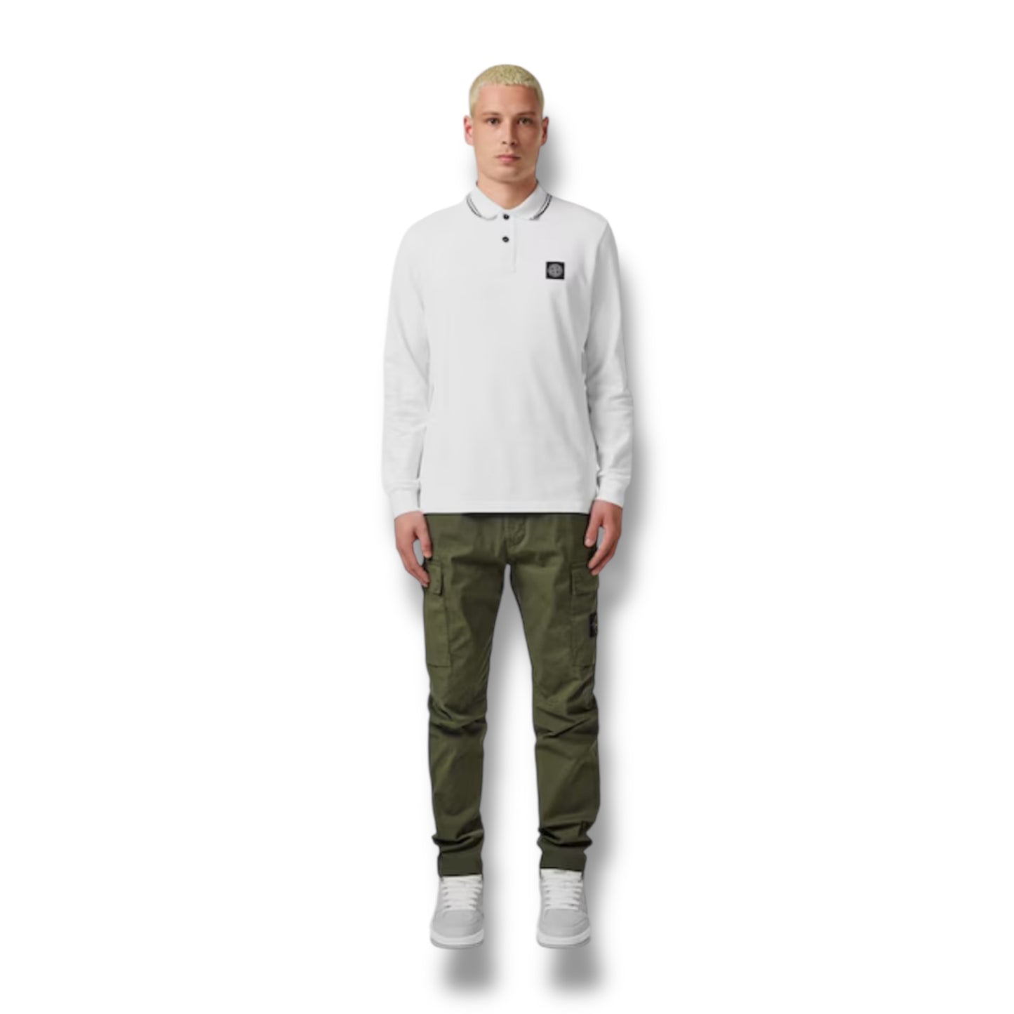 STONE ISLAND LONG SLEEVE PATCH LOGO POLO SHIRT WHITE